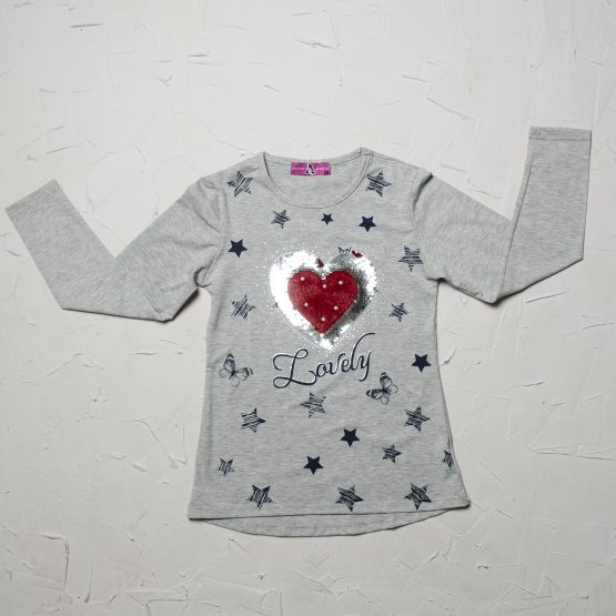 Bluză gri de fete cu inimioară din paiete și perle ( 8-14 ani)
