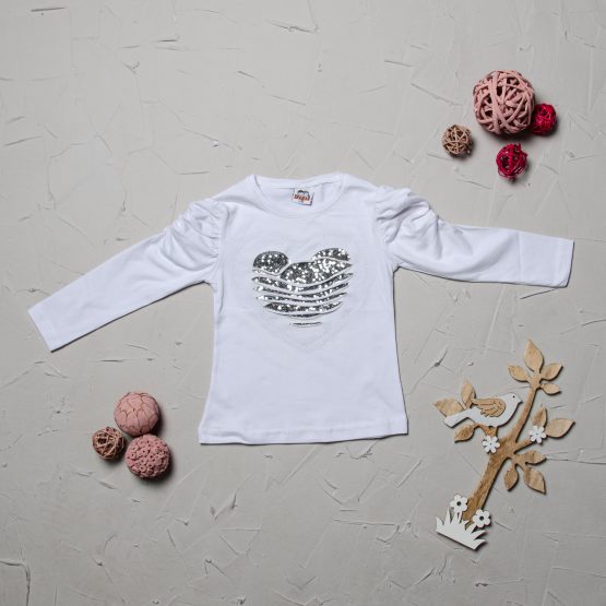 Bluză albă cu inimioară din paiete și franjuri pentru fetițe (2-5 ani)