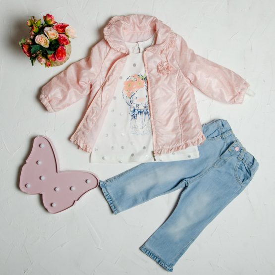 Costum cu geacă de primăvară blugi și bluză de fetițe ( 1-3 ani)