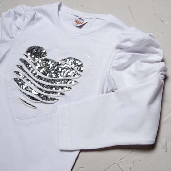 Bluză albă cu inimioară din paiete și franjuri pentru fetițe (2-5 ani)
