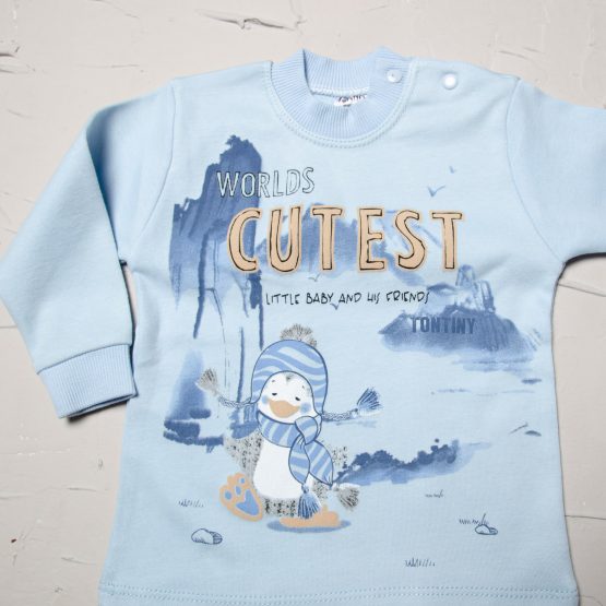 Pijama albastra de bebeluși colorată Tontiny ♥ Pinguin (9-12-18 luni)