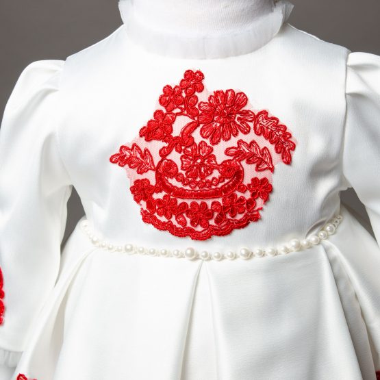 Rochiță de botez albă cu dantelă roșie Andra