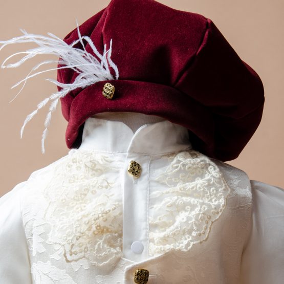 Costum de botez elegant din catifea grena Micul Prinț ( 3-6-9 luni)rena Micul Prinț