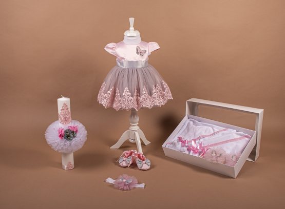 Set elegant pentru fetițe cu fluturași roz și gri