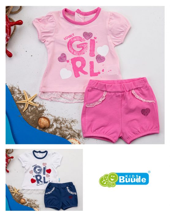 Costumaș de fetițe cu tricou cu dantelă și pantaloni scurți Lovely Girl ( 6-12 luni)