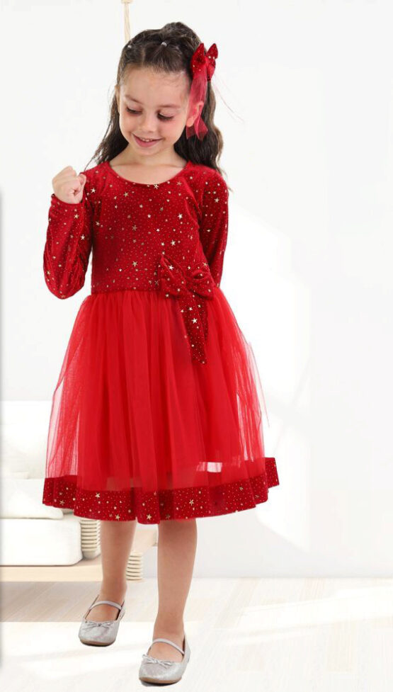 Rochiță roșie din catifea și tull ( 3-8 ani)