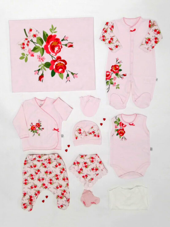 Set complet de nou-născut 10 piese roz cu trandafiri