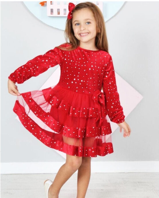 Rochiță roșie din catifea cu volănașe pentru fetițe (2-7 ani)