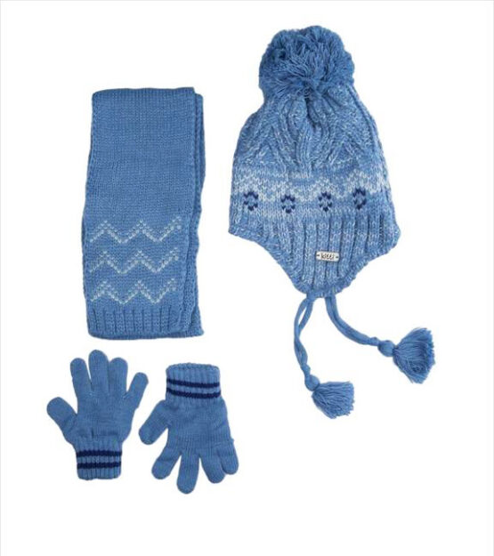 Căciulă tricotată de iarnă albastră cu pompon fular și mănuși (1-4 ani)