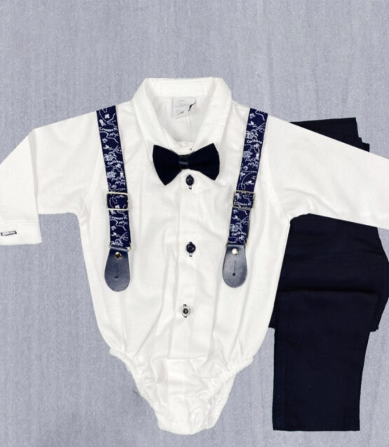 Set elegant pentru bebe cu pantaloni cu bretele și body alb tip cămașă cu papion(6-24 luni)