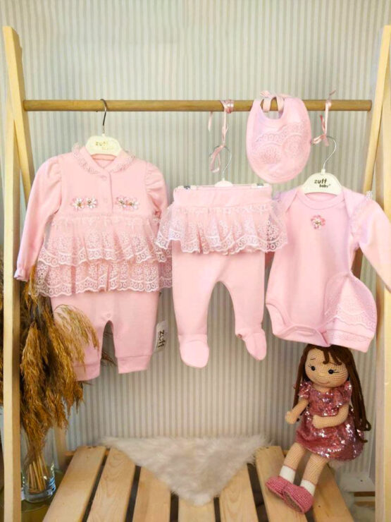 Set elegant roz cu dantelă pentru fetițe nou-născut 5 piese