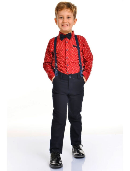 Costum de băieți cu cămașă roșie pantaloni cu bretele și papion ( 1-8 ani)