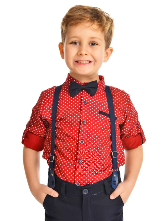 Costum de băieți cu cămașă roșie pantaloni cu bretele și papion ( 1-4 ani)