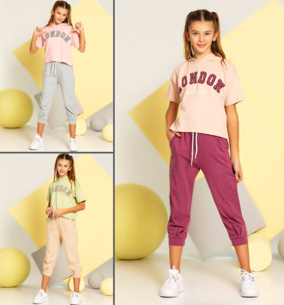 Tricou cu glugă și pantaloni sport London de fete ( 8-12 ani)
