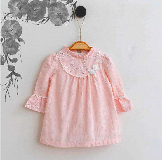 Rochiță roz cu mânecă lungă din bumbac pentru fetițe ( 6-24 luni)
