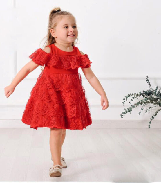 Rochiță roșie elegantă cu volănașe din dantelă pentru fetițe ( 2-5 ani)