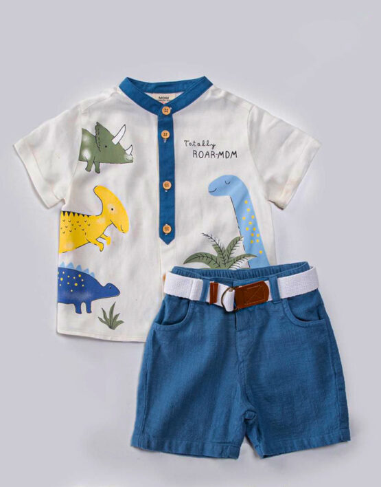 Costum de bebeluși din in cu cămașă cu dinozauri și pantaloni scurți ( 9-24 luni)
