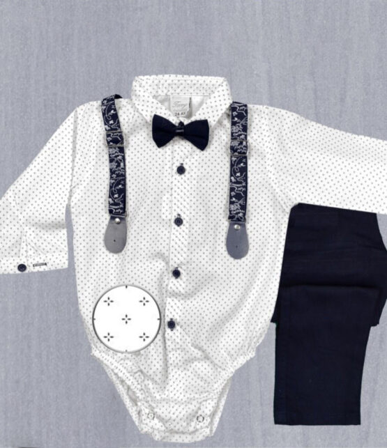 Set elegant pentru bebe cu pantaloni cu bretele și cămașă body cu papion(6-24 luni)