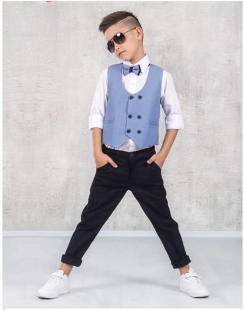 Costum elegant pentru băieți cu papion vestă albastră și pantaloni ( 1-12 ani)
