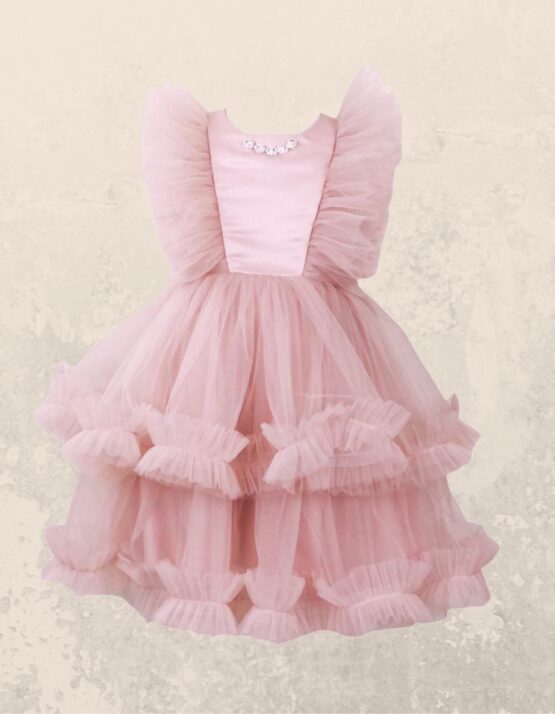 Rochiță de ocazie roz prăfuit cu volănașe și tulle ( 2-7 ani)