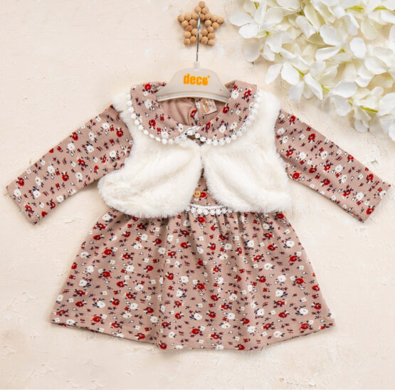 Rochiță casual cu floricele și vestă albă de blăniță ( 6-24 luni)