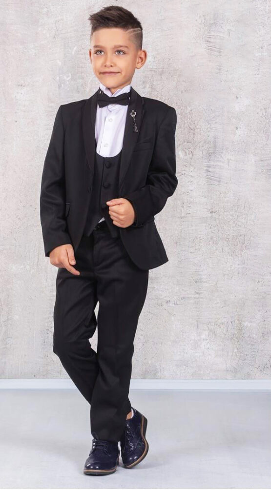 Costum elegant negru cu sacou vestă și papion pentru băieți (3-14 ani)