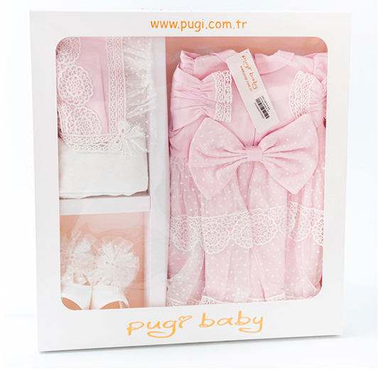 Rochiță de botez roz elegantă cu dantelă și bonetă (0-3/3-6 luni)