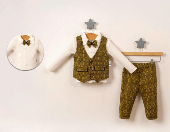 Costum elegant cu vestă și papion în carouri galbene ( 6-24 luni)
