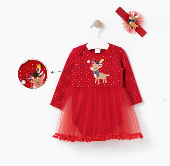 Rochiță roșie cu ren body și bentiță pentru Crăciun ( 6-18 luni)