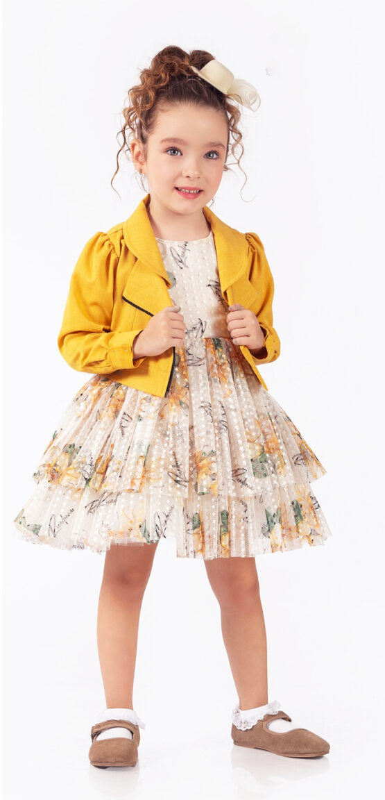 Rochiță elegantă cu model floral și jachetă galbenă ( 3-6 ani)