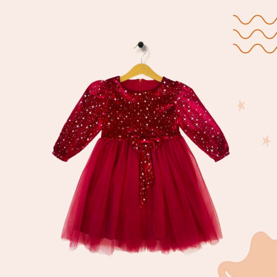 Rochiță din catifea roșie și tulle cu steluțe ( 5-8 ani)