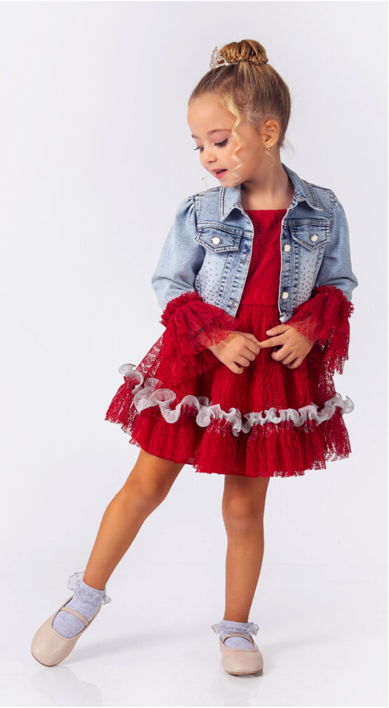 Rochiță roșie cu geacă de blugi ( 3-6 ani)