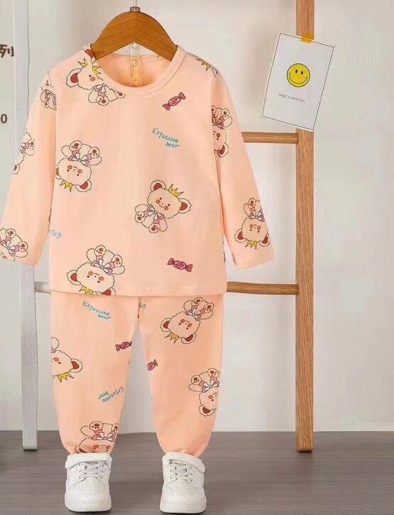 Pijama de bumbac pentru copii somon cu ursuleț (1-2-3 ani)
