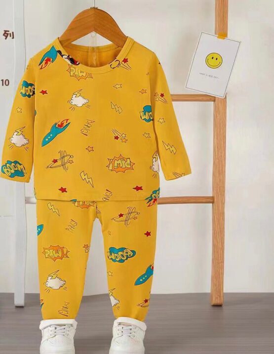Pijama de bumbac pentru copii galbenă cu rachete (1-2-3 ani)
