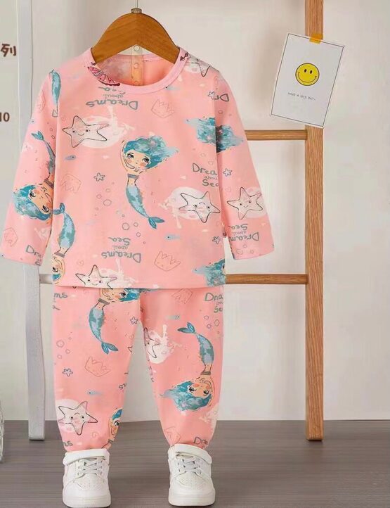 Pijama de bumbac pentru copii somon cu sirene (1-2-3 ani)