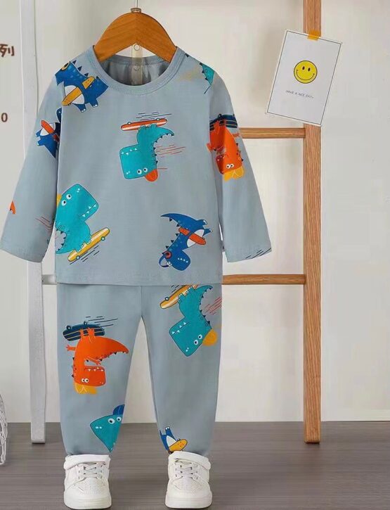 Pijama de bumbac pentru copii gri cu dinozauri ( 1-2-3 ani)