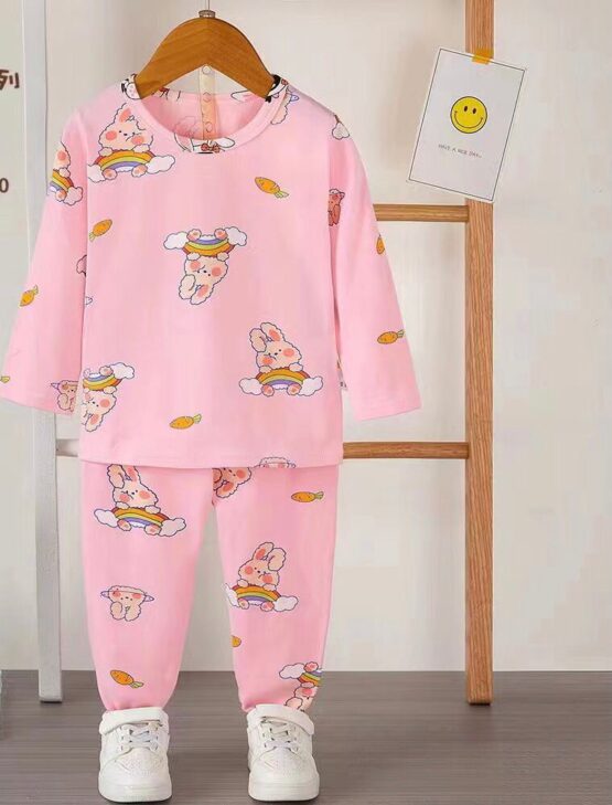 Pijama de bumbac pentru copii roz cu iepuraș (1-2-3 ani)