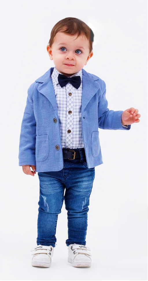 Costum elegant de băieți cu sacou albastru cămașă papion și blugi (6 luni-5 ani)