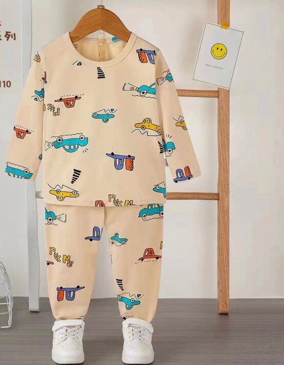 Pijama de bumbac pentru copii crem cu mașinuțe (1-2-3 ani)