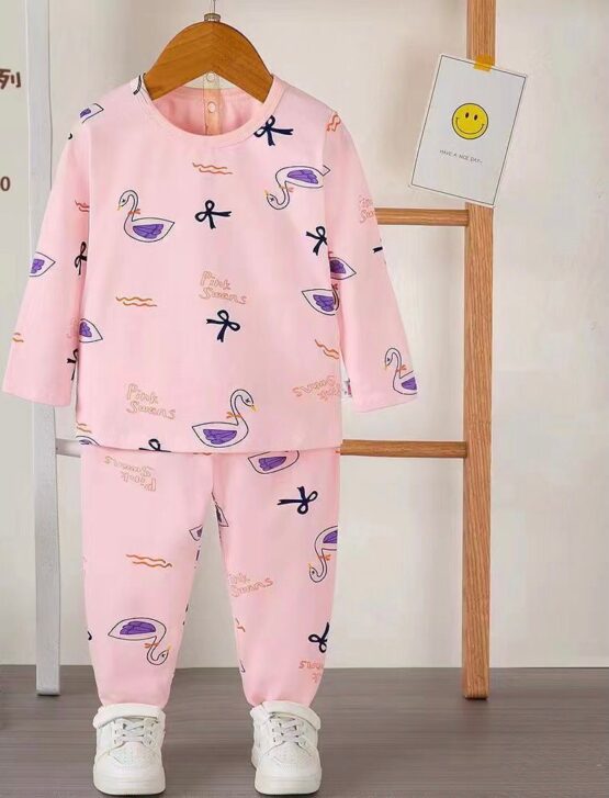 Pijama de bumbac pentru copii roz cu lebede (1-2-3 ani)