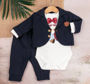 Costumaș bleumarin cu body și papion pentru bebeluși ( 0-9 luni)