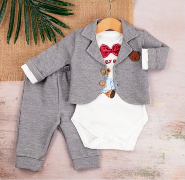 Costumaș gri cu body și papion pentru bebeluși ( 0-9 luni)