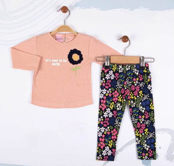 Costum din bumbac de fetițe cu bluză și colant cu floricele ( 6-24 luni)
